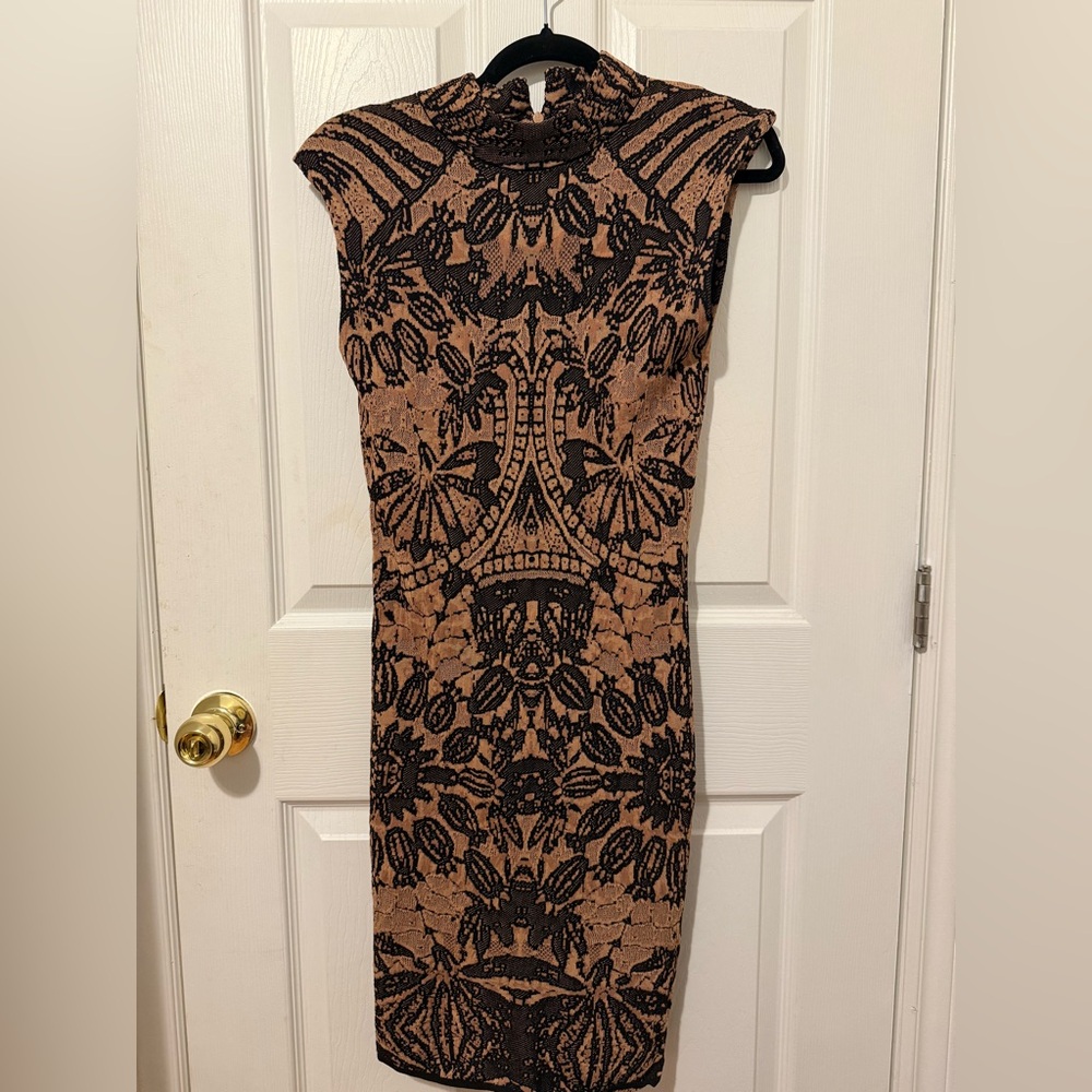 By Anthropologie Mock-Neck Cap-Sleeve Slim Knit Mini Dress Bronze Black